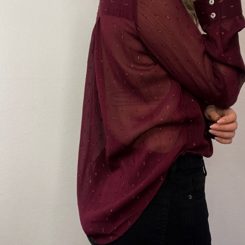 Merlot Burgundy sheer wrap blouse - Picture 4 of 6